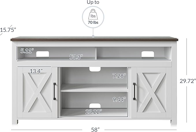 BELLEZE 58 Inch TV Stand, Contemporary Entertainment Center for TVs up to 65", Wood Media Console Table with Two Open Shelves and Barn Door Cabinets - Corin (White)