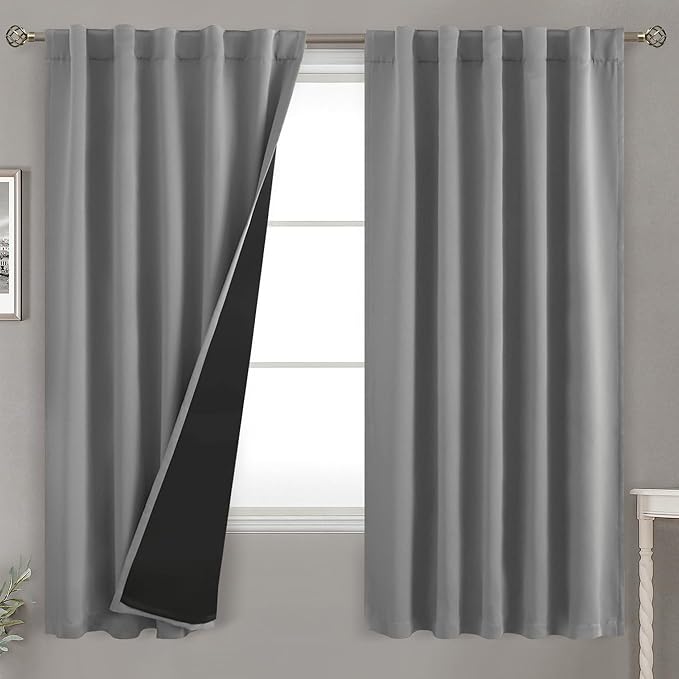 BGment Dove Grey 100% Blackout Curtains 63 Inch Length with Reducing Noise Liner, Rod Pocket and Back Tab Double Layer Full Room Darkening Window Curtain for Bedroom, 2 Panels, Each 42 x 63 Inch