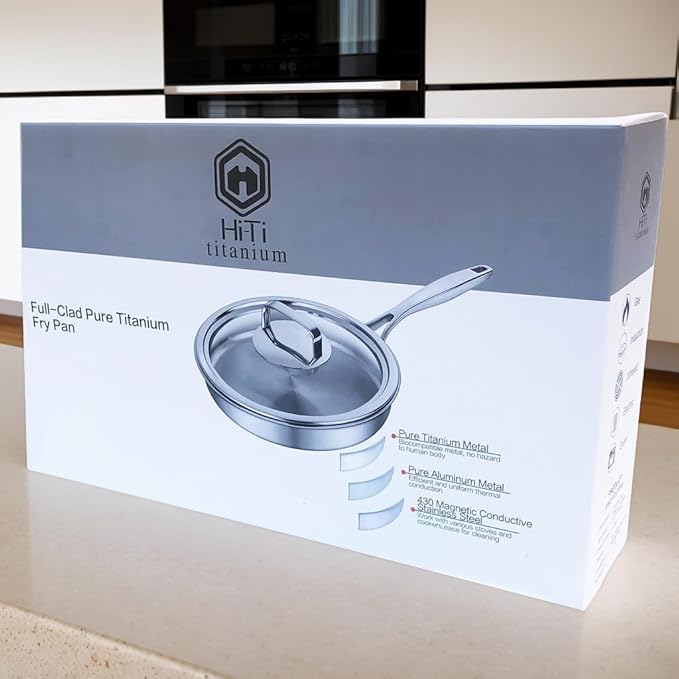 12 Inch Titanium Pan with Glass Lid - 0.5mm Pure Titanium + 1.4mm Aluminum Core | Coating-Free & PFOA-Free | Induction/Gas/Oven Safe to 500°F | Energy-Efficient Even Heating