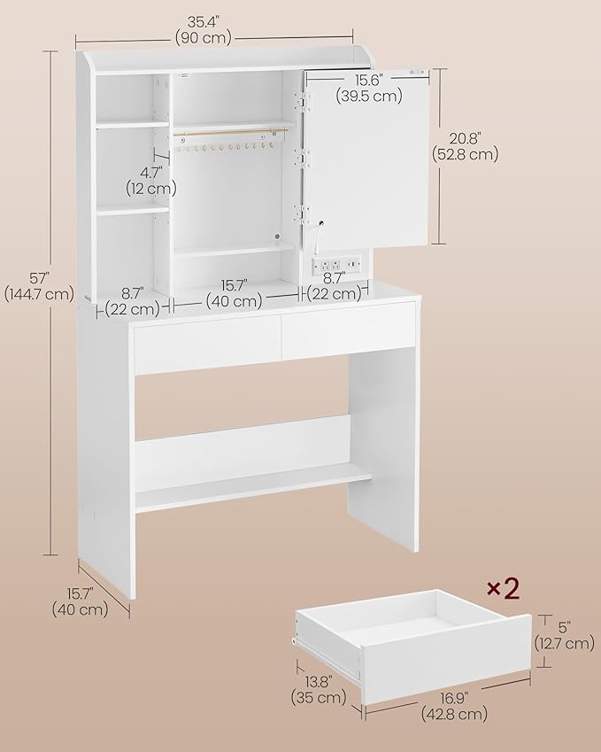 VASAGLE Kailyn Collection - Vanity Desk with Power Outlets, Makeup Vanity with Mirror and Lights, LED Lights, 6 Compartments, 2 Drawers, for Bedroom, Cloud White URDT031WB02S