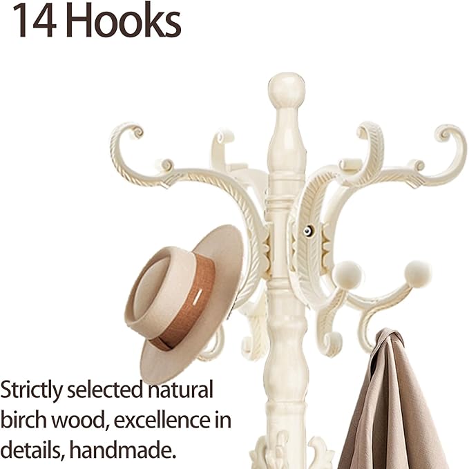 Coat Rack Freestanding, Wooden Coat Tree with Stable Round Base, Vintage Heavy Duty Coat Rack Stand with 14 Hooks, Coat Hanger Stand for Bedroom, Office, Entryway (Ivory)