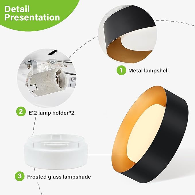 Modern Black and Gold Flush Mount Ceiling Lights, Glass Round Ceiling Lighting, Minimalist Drum Close to Ceiling Light Fixtures for Bedroom, Dining Room, Bathroom, Hallways, Living Room