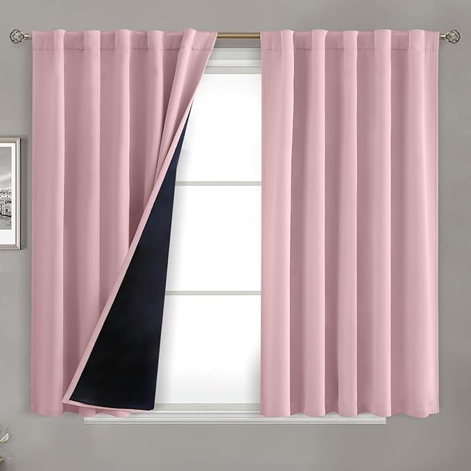 BGment Full Blackout Curtains with Thermal Insulation Liner Curtains 45 Inches Long, Rod Pocket and Back Tab Double Layer Room Darkening Window Curtain for Bedroom(52 x 45 Inch, 2 Panels, Pink)