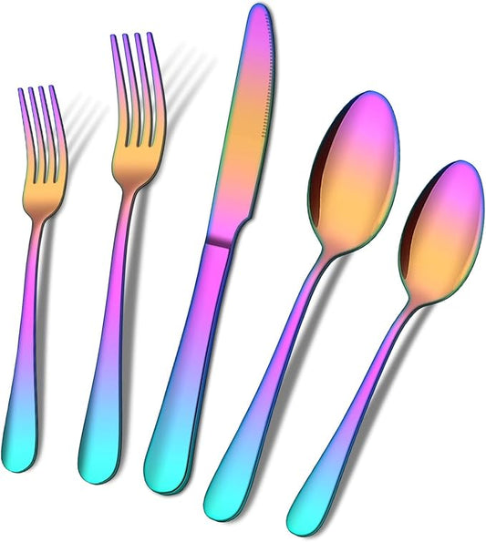 20 Piece Rainbow Silverware Set, ENLOY Colorful Stainless Steel Flatware Cutlery Set, Kitchen Utensil Set Service for 4, Include Forks Spoons Knives, Reusable, Mirror Polished, Dishwasher Safe