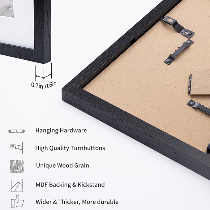 Axeman Solid Oak Black Photo Frame - 5x7 Picture Frame With Mat For 4x6 - Hanging Hardware Included