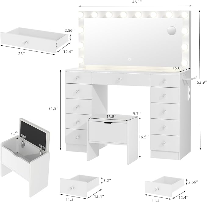 VOWNER Vanity with Lighted Mirror - Makeup Vanity Desk with Glass Top and 11 Drawers, 3 Color Lighting Modes Adjustable Brightness, 46" Vanity Table with Soft Cushioned Stool for Bedroom, White