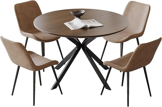 46.4" Round Dining Table Set with 4 Chairs, Modern Dining Set with Comfortable PU Leather Chairs, Sturdy MDF Table with X-Shaped Base, Easy Assembly, Ideal for Dining Room or Kitchen