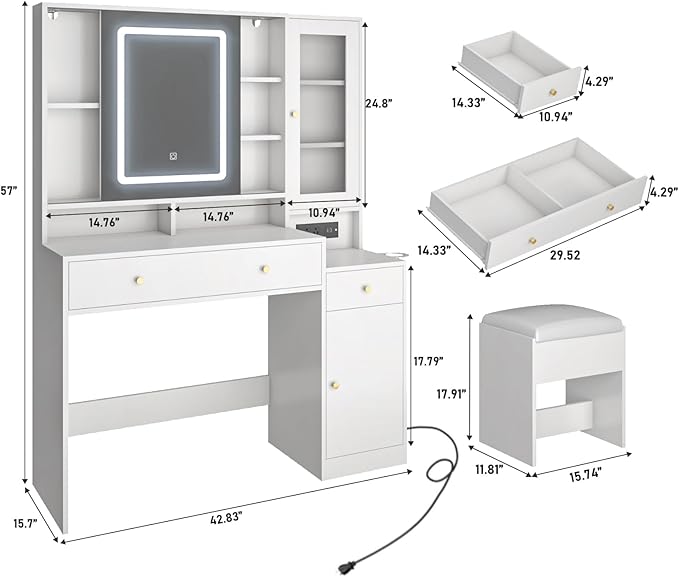 43 "White Makeup Vanity Desk w/Lights & Sliding Mirror,Adjustable LED Lighting, Vanity Table Set w/Stool,Power Outlet,Storage Drawers Shelves Cabinet,Vanity Set with Cushioned Stool for Girls Women