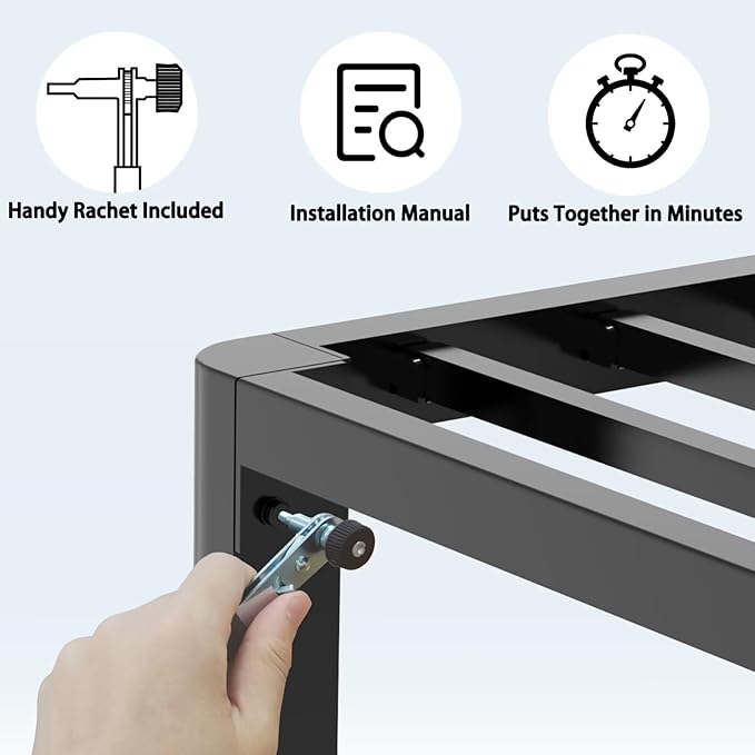 FUIOBYVV 16 Inch King Bed Frame with Rounded Corner and Headboard Hole Mattress Retainers 3500 LBS Metal Heavy Duty Steel Slats Support No Box Spring Needed Platform Noise Free Easy Assembly