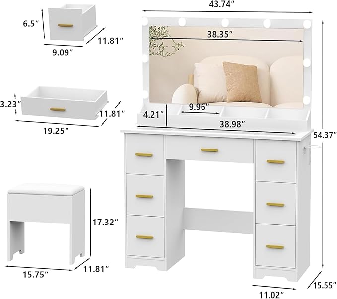 Vanity Desk with 38" Large Mirror and 9 LED Lights & Glass Top and Power Outlet, Adults Makeup Vanity with Chair and 7 Storage Drawers, Dressing Table Set for Bedroom, Modern White
