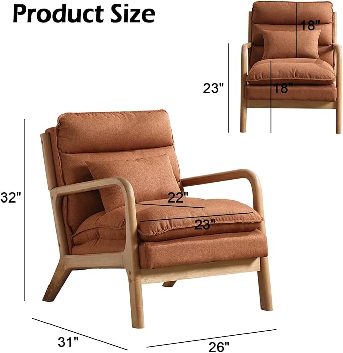 INZOY Mid Century Modern Accent Chair with Wood Frame, Upholstered Reading Armchair with Waist Cushion, Double Padded Accent Chair, Side Chair for Living Room Bedroom Office, Easy Assembly, Brown