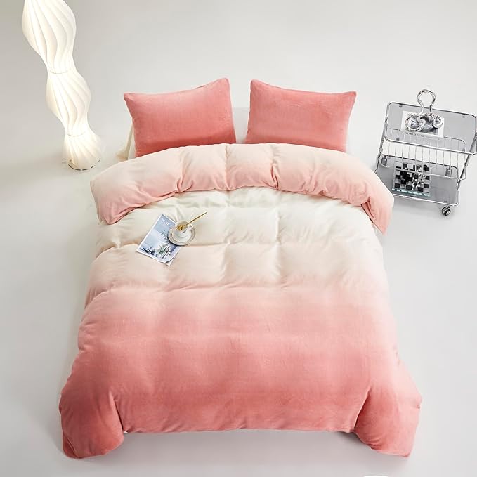 Luxlovery Pink Gradient Velvet Comforter Full Fluffy Plush Flannel Bedding Set Full Women Girls Pink White Ink Rainbow Color Blanket Quilts Warm Sherpa Micromink Comforter Set