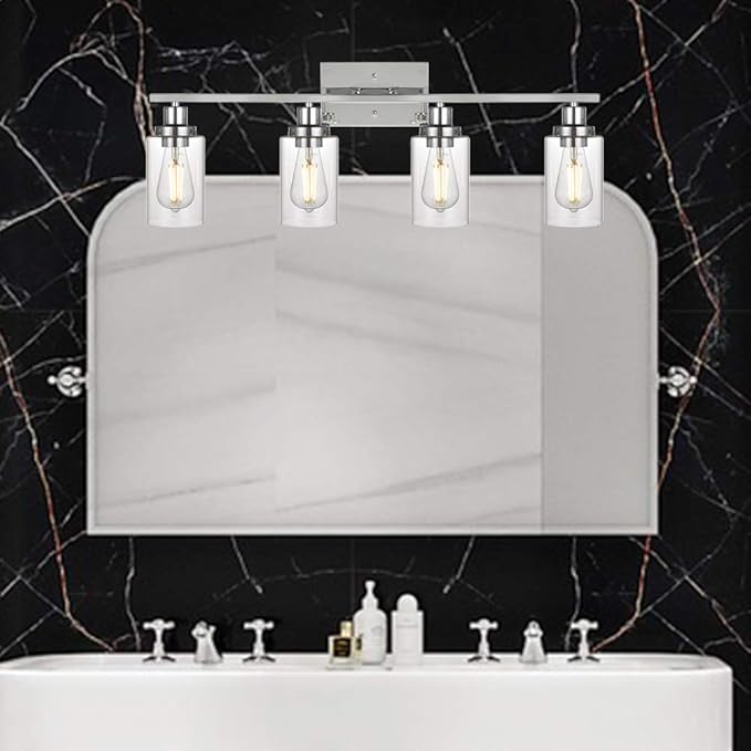 MELUCEE 4-Light Bathroom Lighting Fixtures with Clear Glass Shade Chrome Finish, Modern Vanity Light Wall Mount Lamp for Bedroom Dressing Table Mirror Cabinets Vanity Table (Patent No.: US D963914 S)