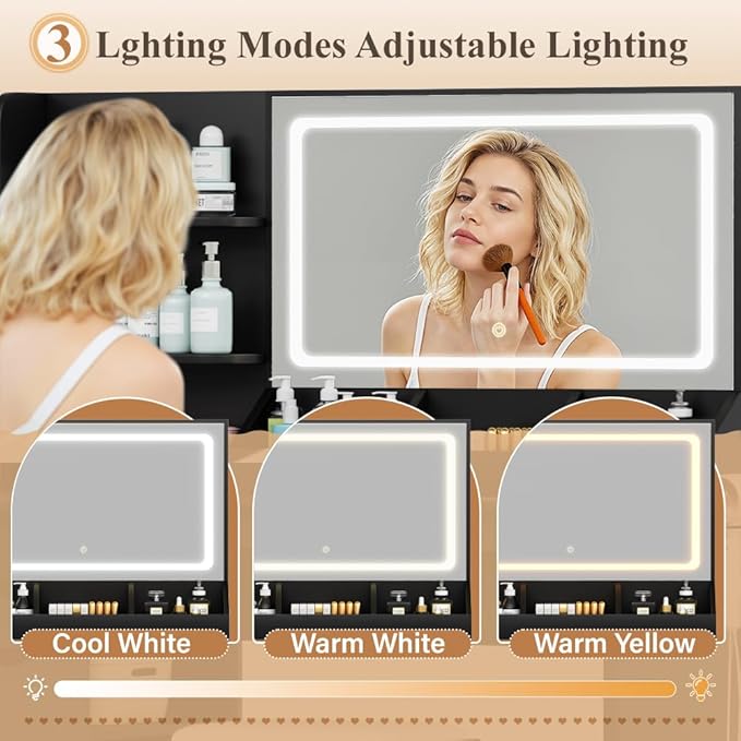 JUMMICO Makeup Vanity Desk with Mirror and Lights, L- Shaped Vanity, Modern Vanity Table with 5 Drawers & Adjustable Shelves, Power Outlet with Fast Charging, for Bedroom (Black)