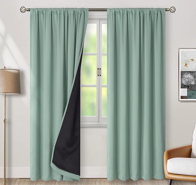 BGment 78 Inch Blackout Curtains with Black Liner for Bedroom, 100% Blackout Thermal Insulated Light Blocking Double Layer Rod Pocket Back Tab Curtains, 2 Wndow Panels, Each 52 x 78 Inch, Frosty Green