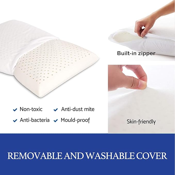 100% Talalay Latex Pillow Bed Pillow for Sleeping, Extra Soft Natural Latex Sleeping Pillow for Back, Stomach or Side Sleepers, Removable Breathable Cotton Cover - High Elasticity (Queen)