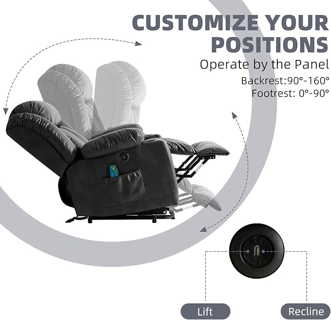 Power Lift Recliner Chair for Elderly, Electric Recliner Chairs for Adults with Massage and Heat, Cup Holders, Remote Control, USB Ports, Side Pockets, Leather (Black)