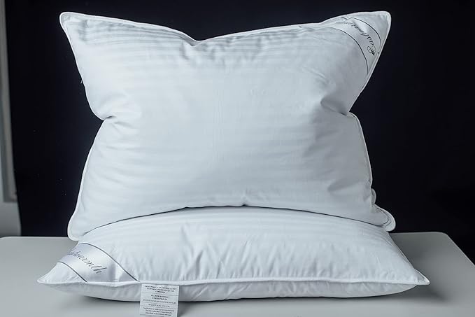 Goose Feather Blend with Polyester Bed Pillows 100% Cotton, Medium Firm Soft Support Queen Pack of 1, Stripe White