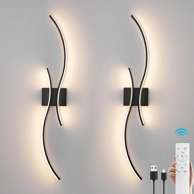 Battery Operated Wall Sconces Set of 2，Rechargeable Dimmable Battery Operated Wall Sconce with Remote Control，3000K-6500K LED Black Wireless Wall Light for Living Room Bedroom Hallway，31.5inch (Black)