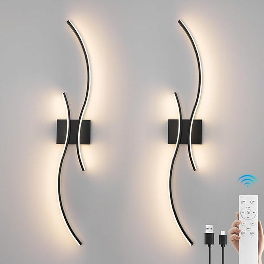 Battery Operated Wall Sconces Set of 2，Rechargeable Dimmable Battery Operated Wall Sconce with Remote Control，3000K-6500K LED Black Wireless Wall Light for Living Room Bedroom Hallway，31.5inch (Black)