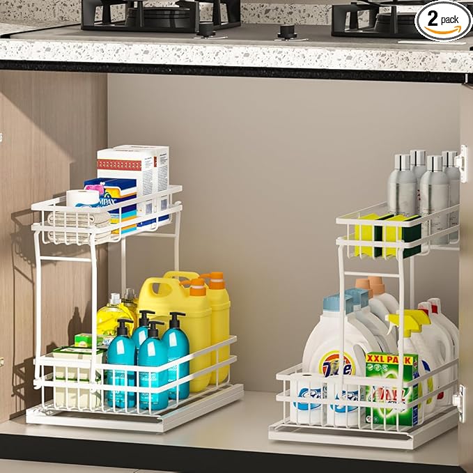 2 Pack Under Sink Organizers and Storage, 2 Tier Pull Out Cabinet Organizer, Metal Sliding Drawer Storage for Kitchen Bathroom, White