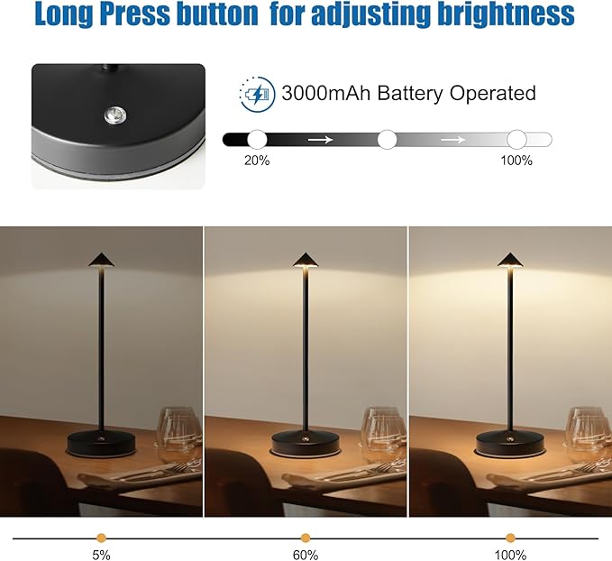 3w Led Cordless Rechargeable Table Lamps,3000 Mah Battery Operated Lamp 2 Level Led Table Lamp Small Touch Table Lamp in Aluminium 3000k Dimmable Table Lamps Set of 2 (Black)