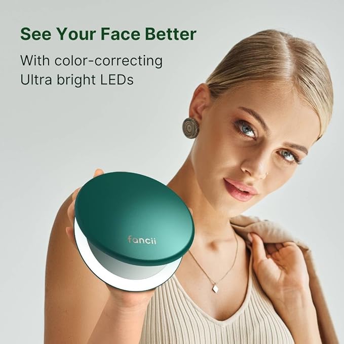 Fancii Taylor Rechargeable Travel Makeup Mirror with LED Lights, 10x /1x Magnifying, 3 Light Settings, Large 5” Wide | Compact Mirror for Purses (Emerald Envy)