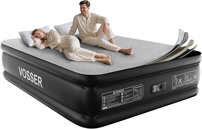 Queen Air Mattress with Built-in Pump,18'' Foam Topper Blow Up Mattress,Luxury Inflatable Mattress 2 Mins Self-Inflation/Deflation - Breathable and Flatness-Free for Camping, Home & Guests