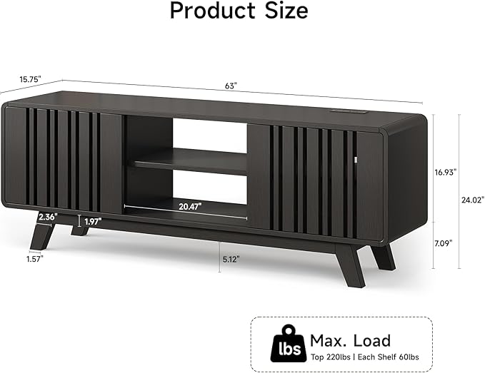 63-Inch TV Stand for TVs up to 75 Inch, Mid-Century Modern Television Stand with Power Outlet， Entertainment Center with Sliding Grille Door Cabinets and Open Shelves for Living Room, Black