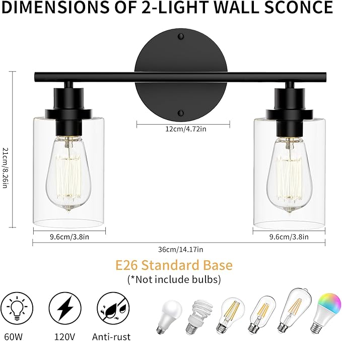 GORDNWE Modern Vanity Light - 2 Lights, Matte Black, E26 Bulb Base, Over Mirror, Farmhouse Style