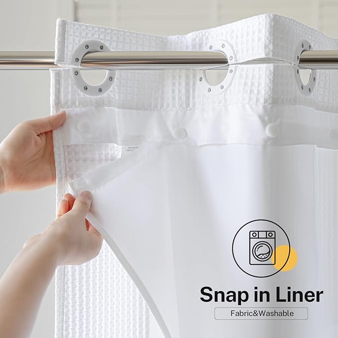 River Dream White Waffle Weave Shower Curtain with Snap-in Liner,Cotton Blend Fabric Heavy Duty,No Hooks Needed Shower Curtain for Bathroom,Hotel Quality Shower Curtain Set,71 x 74 inches