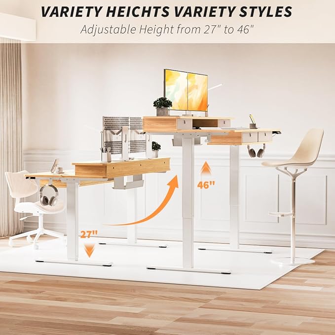 Kingant Standing Desk with Fast Charging USB Ports, 55" x 30" Height Adjustable Home Office & Gaming Desk, Sit Stand Desk with Built-in Storage Shelf, Hook & Ergonomic Design(Maple)