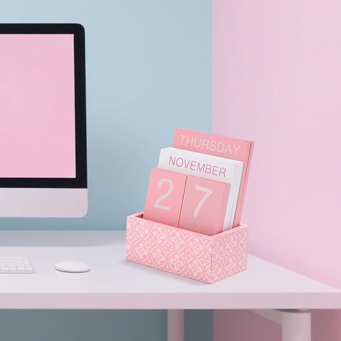 Wooden Block Perpetual Calendar for Desk, Cute Desk Accessories Pink, Flip Calendar for Office Classroom Preppy Room Decor