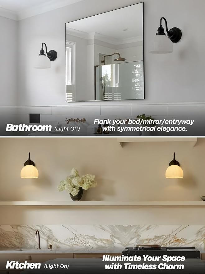 Vintage Wall Sconce Light, Black Bathroom Vanity Light with Striped Bowl Milk Glass Farmhouse Hardwire Wall Mounted Lamp for Bathroom Mirror Living Room Bedroom Kitchen E26 Indoor