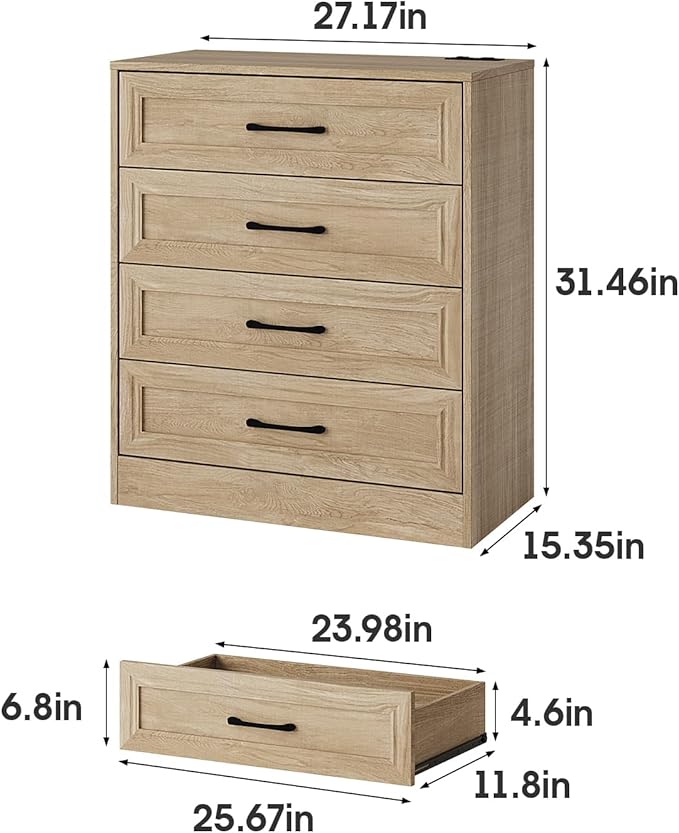 Fameill Dresser for Bedroom, 4 Drawer Small Dresser Organizer with Charging Station for Livingroom, Chest of Drawers with Metal Handles, Oak