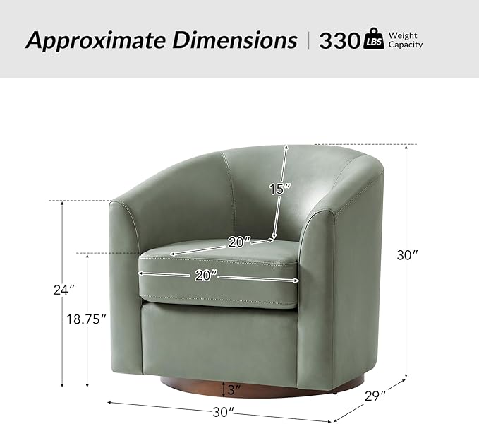HULALA HOME Genuine Leather Swivel Accent Chair with Solid Wood Base, Round Swivel Barrel Chair for Living Room and Bedroom, Sage