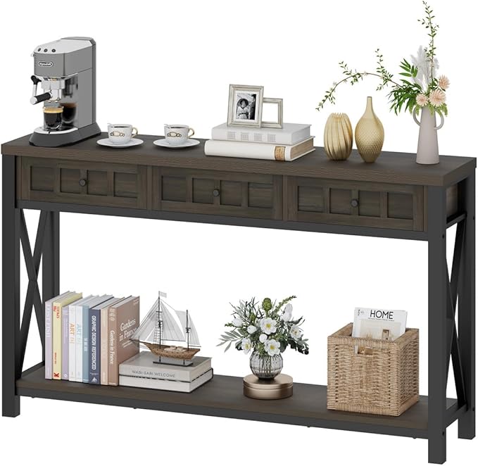 FATORRI Console Sofa Table for Entryway, Entry Way Table with Storage and 3 Drawers for Living Room, Farmhouse Foyer Tables for Hallway, Front Door, Living Room (54.72 Inch Long, Walnut Brown)