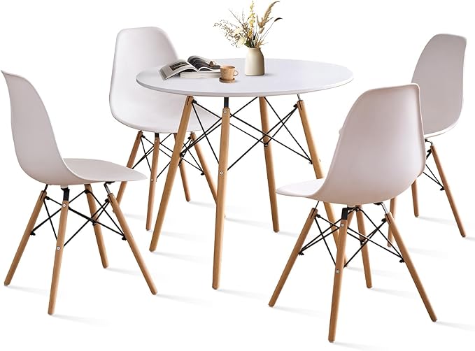 31.5'' 5 Piece Round Dining Table Set for 4, Mid-Century Modern Table with Chairs, Space Saving, Plastic Seats, Wood Legs, Circle Dinner Table for Kitchen, Home, Apartment, White