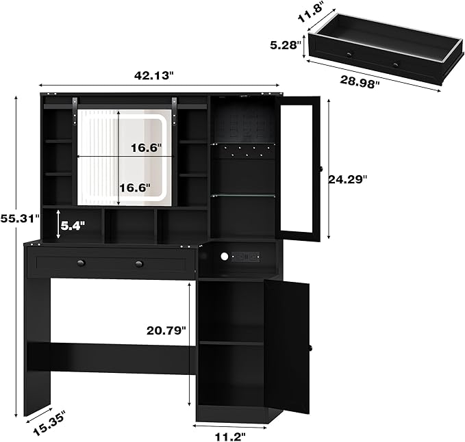 Black Vanity Desk with Mirror and Lights, Farmhouse Makeup Vanity Desk with Lighted Mirror & Power Outlet, RGB Glass Cabinet, Makeup Dressing Table with 3 Lighting Modes for Bedroom
