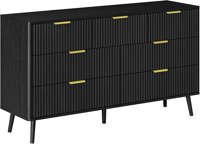 LYNSOM 55" Wide Fluted Dresser for Bedroom with 7 Drawer, Modern Chest of Drawers with Curved Profile Design and Metal Handles, Wood Dresser TV Stand & Storage Organizer for Living Room, Black