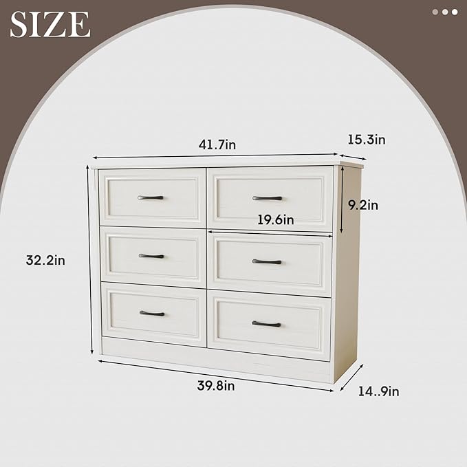 Fameill Dresser for Bedroom, 6 Drawer Wide Dresser Organizer with Charging Station for Hallway with Metal Handles, Woodgrain White