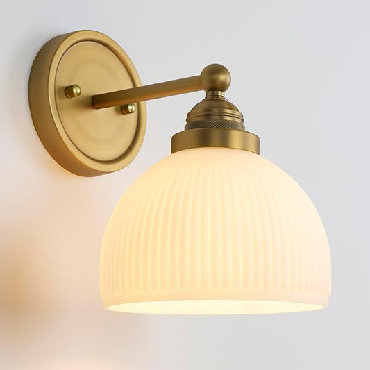 Vintage Wall Sconce 1-Light with White Striped Glass Globe Shade, Indoor Wall Mounted Lamp Fixture for Living Room Bedroom Kitchen Hallway