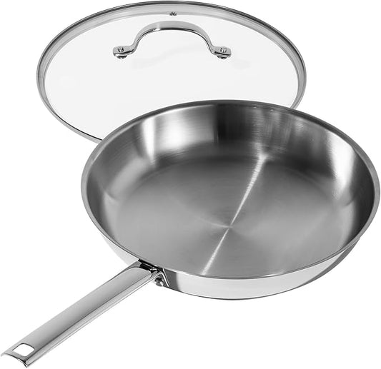 DELUXE Stainless Steel Frying Pan with Lid, 11-Inches Oil Gather Pro Skillet with 3-Ply Heavy Bottom, PFOA Free Frying Pot with Stay-Cool Handle Compatible with All Stoves, Dishwasher Oven safe