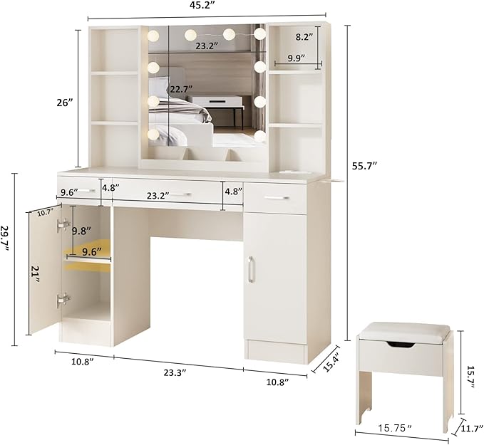 Vabches Makeup Vanity Table with Lighted Mirror & Power Strip, Large Vanity Set Vanity Desk with Lots Storage, 3 Lighting Modes, Brightness Adjustable, 45.2in(L)