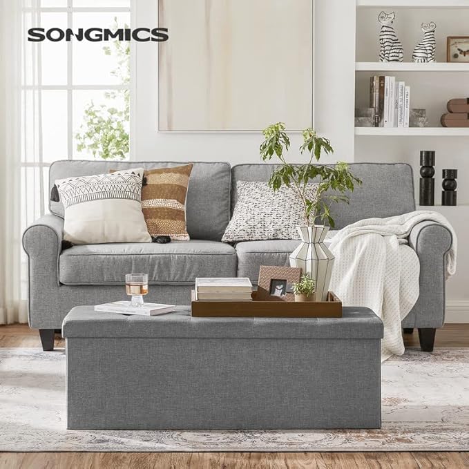 SONGMICS MAZIE Collection - 43 Inches Folding Storage Ottoman Bench, Ottoman Foot Rest, End of Bed Bench, Storage Chest, Load 660 lb, for Living Room, Bedroom, Entryway, Light Gray ULSF77G