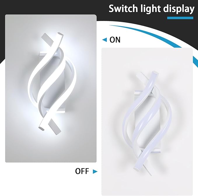 AUA LED Wall Sconce, 21W Modern Spiral Wall Sconce Lighting, 6500K Cool White Indoor Wall Light for Bedroom Living Room Office Restaurant Hallway, Wall Mounted Lamp