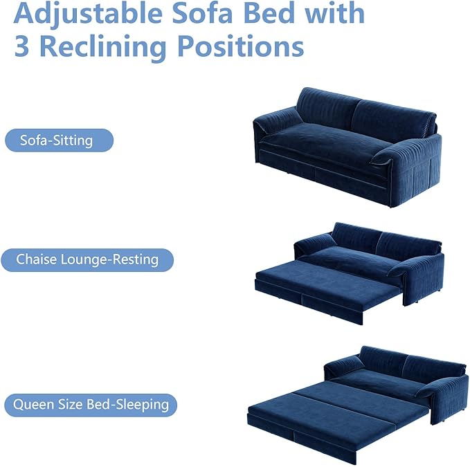 66-Inch Queen Size Convertible Sleeper Sofa Bed, 3-in-1 Pull-Out Futon Loveseat, Velvet Love Seat Couch with Side Pocket for Living Room, Office, Apartment, RV, Hide-A-Bed Fold Out Sofa&Couch