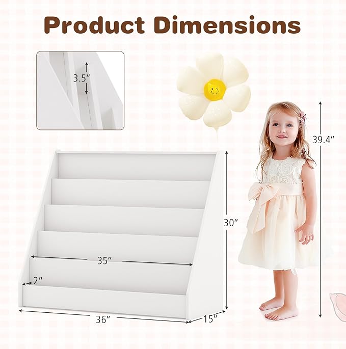 HONEY JOY Kids Bookshelf, 5-Tier Wooden Toddler Bookcase, Children Book Rack & Magazine Display Shelf, Toy Storage Organizer, Book Shelf for Kids Rooms, Playroom, Nursery, Classroom (White)