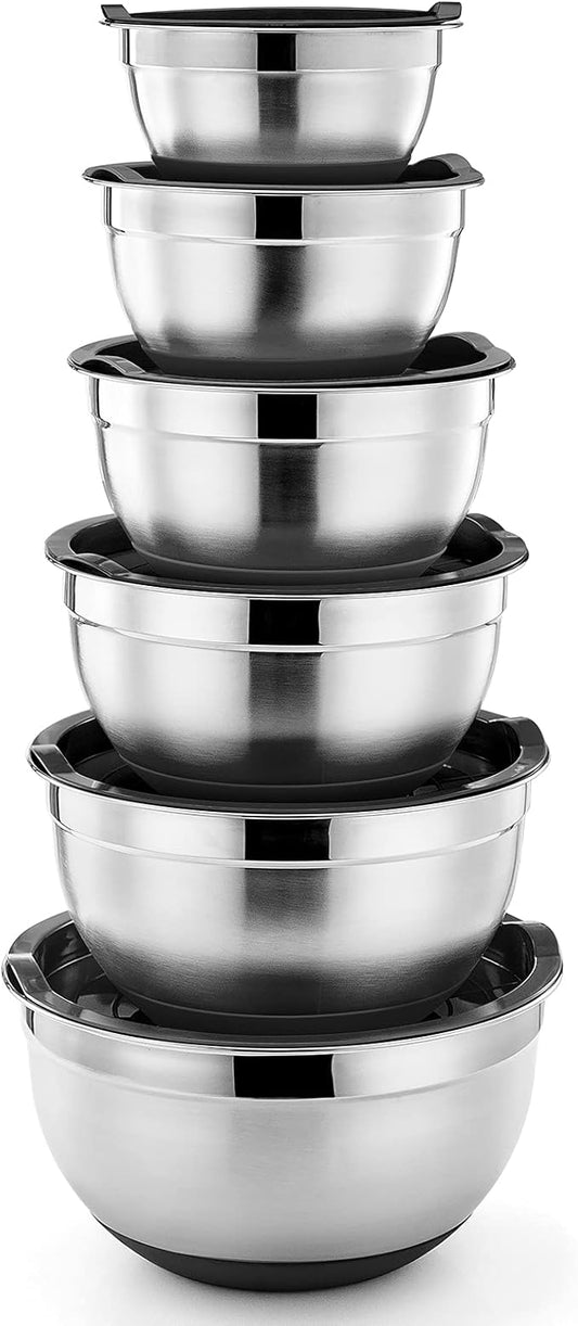 P&P CHEF Mixing Bowls With Lids, Set of 6, Stainless Steel Nesting Mixing Bowls & Fitting Lids & Non-Slip Silicone Bottom, Ideal for Mixing, Storing, Size 0.7/1/1.5/2.5/3/4.6 Qt, Black