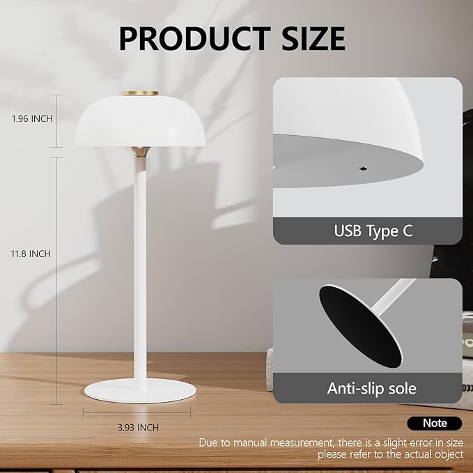 Portable 12-Inch Cordless LED Table Lamp, Rechargeable 3-Color Dimmable Light, Bedside Lamp for Bedroom, Desk, Outdoor, Dining Room, and Camping (White)